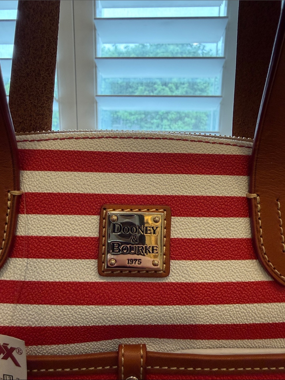 Dooney & Bourke Red and White Striped Satchel with Brown Trim - Picture 2 of 6